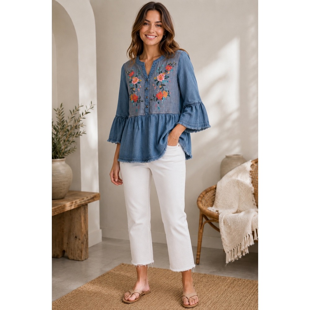 John Mark Blue Floral Embroidered Denim Peplum Top Lyocell Linen Boho  Medium